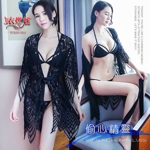《YIRAN MEI》偷心精靈 ！波希米亞風三點式浪漫蕾絲套裝(黑)性感睡衣♥