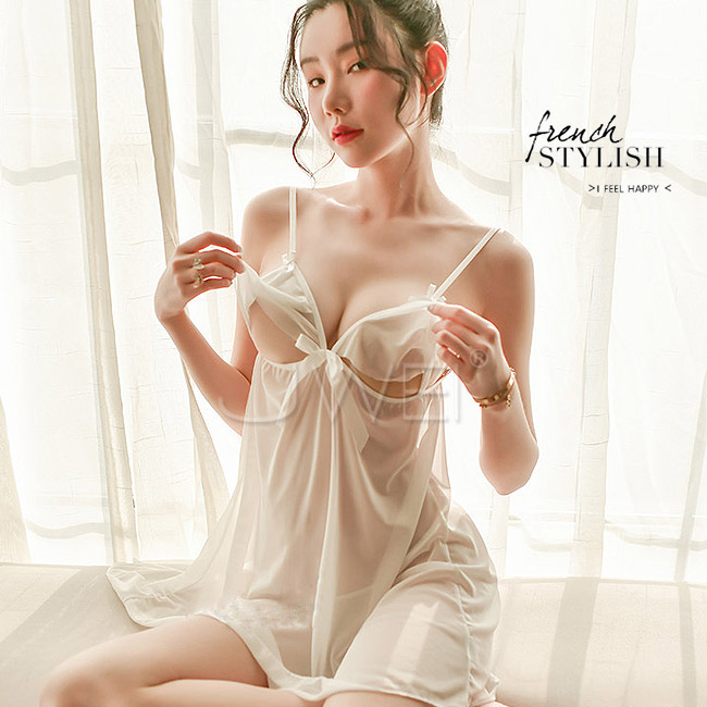 魅惑露乳！冰絲後綁帶性感開襟 透膚 遮屁屁睡衣(白)性感睡衣♥