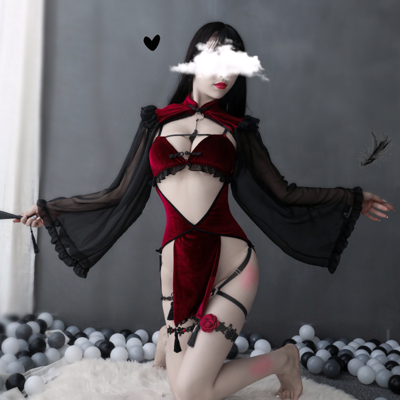 情趣暗黑女巫鏤空絲絨綁帶套裝.萬聖節♥