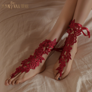 性感配件！千足花‧浪漫繫帶蕾絲足部束口鏤空配飾襪(紅)♥