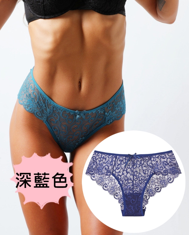 中大尺碼歐美蕾絲中腰三角褲XL(深藍)♥