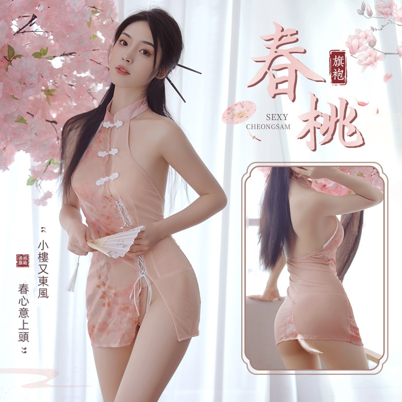 桃花醉意．斜開襟唯美印花套紗旗袍♥