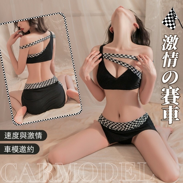 原價289特價203 開叉黑白棋盤格紋拼色露腰車模分體裝♥☆