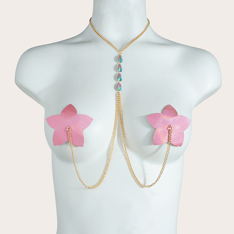 性感花朵 乳鏈 胸鏈 水鑽胸鏈 乳貼 胸貼 (粉色)♥