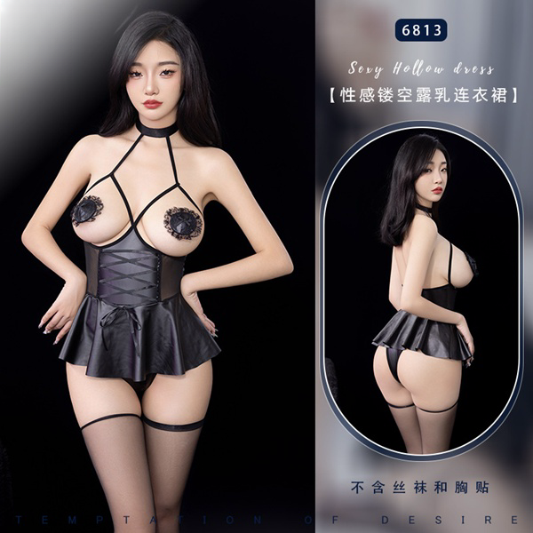 性感純欲激情火辣誘惑漆皮露乳連身裙 (黑)♥