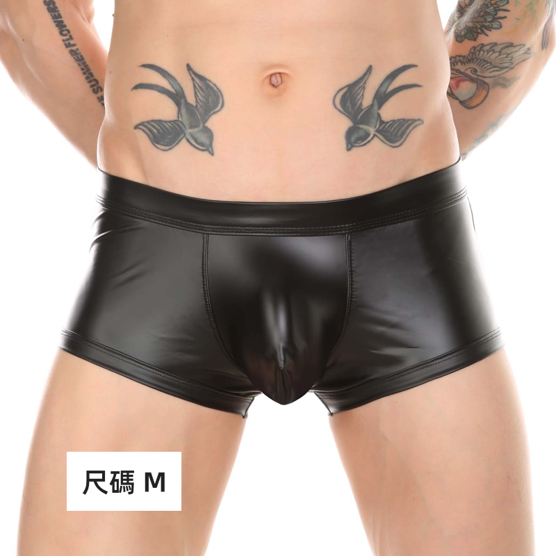男性 仿皮內褲露臀 開襠設計 大囊袋平角褲 (黑) M ♥