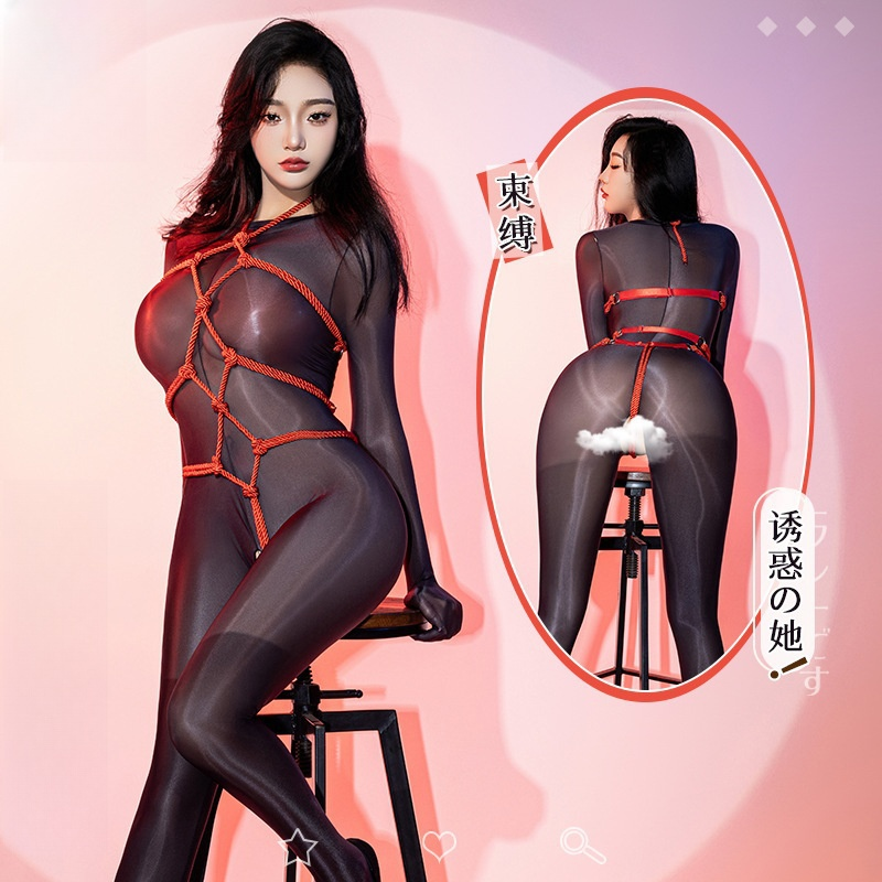綁縛綑綁 精緻鏤空緊縛紅繩掛脖連體衣(紅)♥