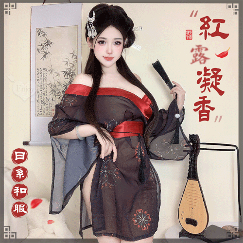 情趣和服！低領美肩日系緞面拼接薄透雪紡印花側高衩三件組 (黑) ♥
