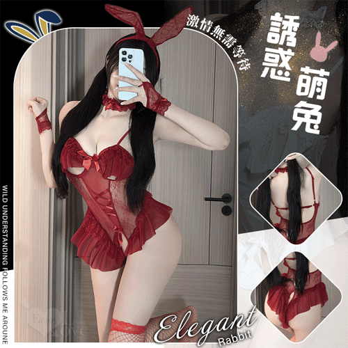 兔女郎角色扮演服！鏤空鋼圈露乳洞洞薄紗透視開襠連身衣五件式套装﹝紅﹞ ♥