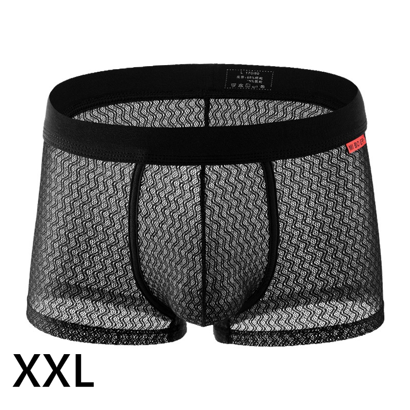 男士 純色透視平角內褲 透氣四角短褲 (黑色XXL)♥