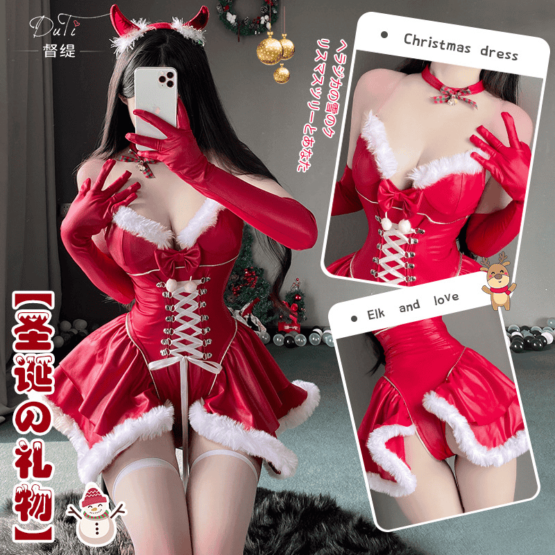 耶誕誘惑 純欲漆皮聖誕節戰袍連身耶誕五件組套裝(紅)♥