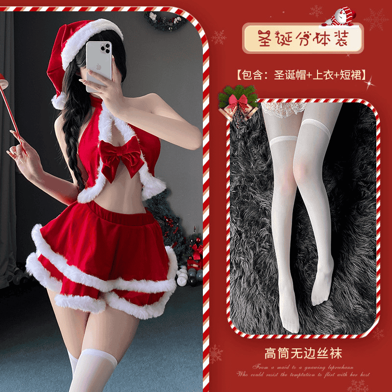 耶誕誘惑 純欲聖誕節掛脖分體聖誕戰袍四件組套裝(紅)♥