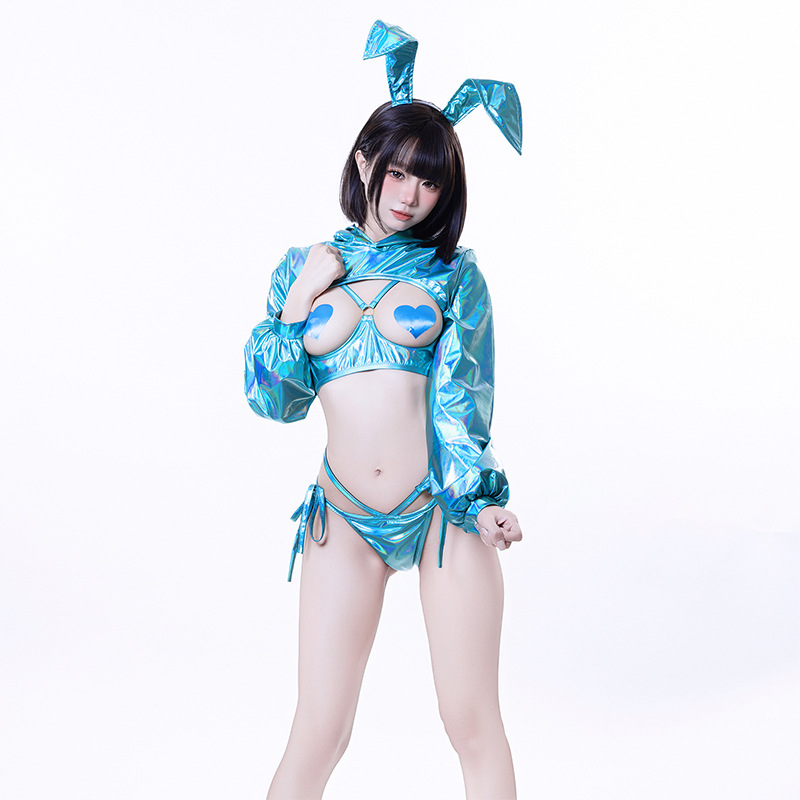 賽朋博克兔女郎 鐳射 動漫cos 情趣露乳戰袍五件組套裝(藍) ♥