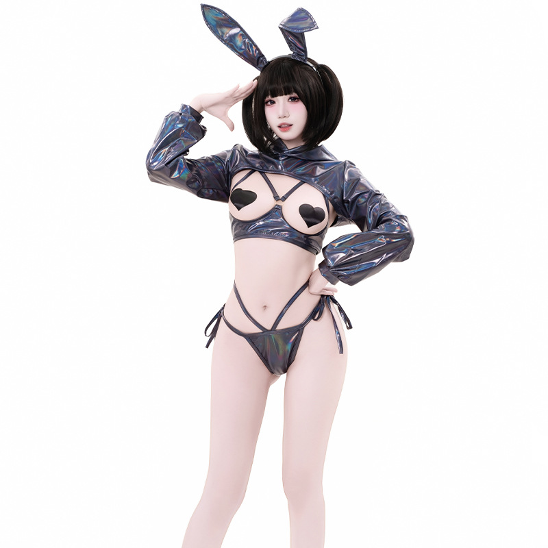 賽朋博克兔女郎 鐳射 動漫cos 情趣露乳戰袍五件組套裝(黑) ♥