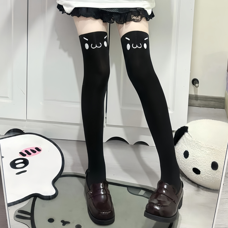 顏文字表情包過膝襪 甜美可愛jk卡通大腿長筒襪(大黑臉)♥